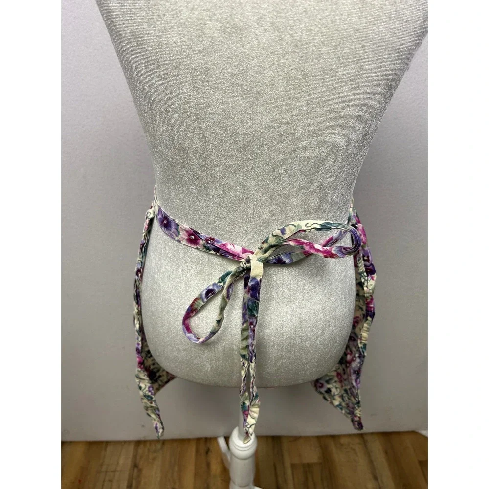 Cottagecore Grandma Womens Purple Floral‎ Pansy Halter Neck Tie Waist Apron